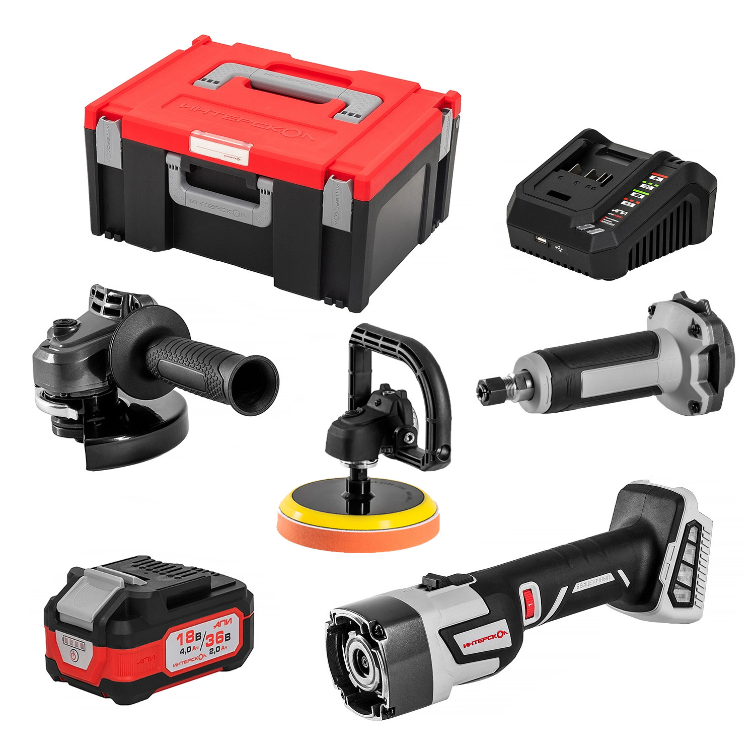 Аккумуляторная угловая шлифовальная машина УШМ-125/36ММ МультиМАКС 36В с бесщеточным (вентильным) двигателем + ПШМ-3606ВЭ + УПМ-36В + МультиБОКС 150